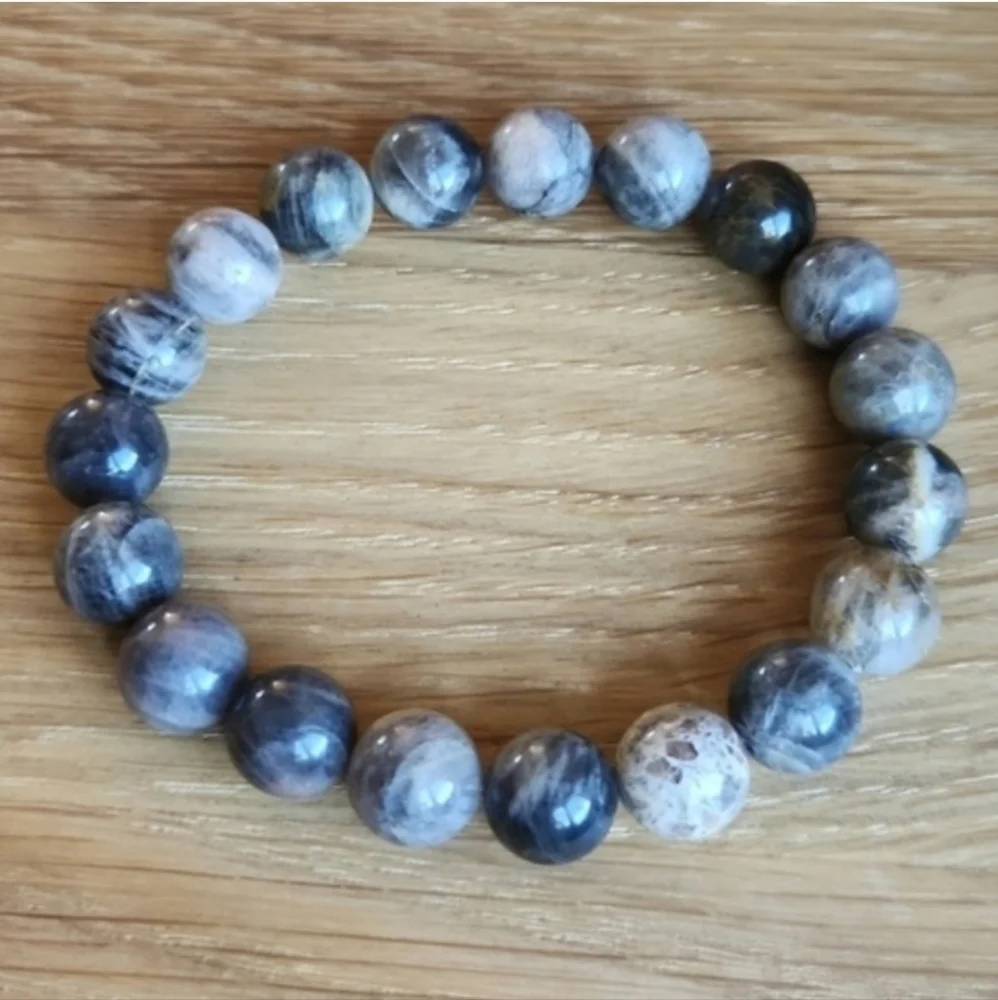 Gray Sunstone Beaded Stretch Bracelet | Handmade
